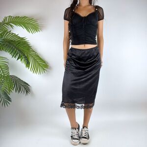 Vintage Y2K Black Indie Whimsigoth Lace Coquette Midi Slip Skirt / Size: M